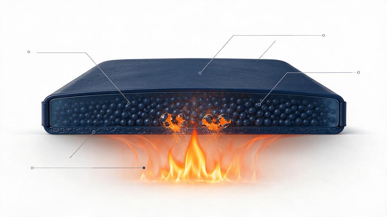Microencapsulated fire suppression patch cross-section diagram showing outer protective film, microcapsule layer with suppression agent, and adhesive backing reacting to heat