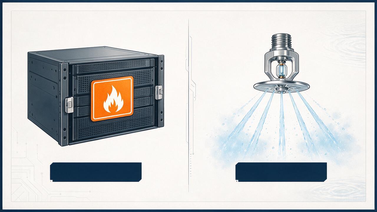 Side-by-side comparison of passive fire suppression (patch on equipment) versus active fire suppression (sprinkler system), highlighting reaction time, infrastructure requirements, and application domains